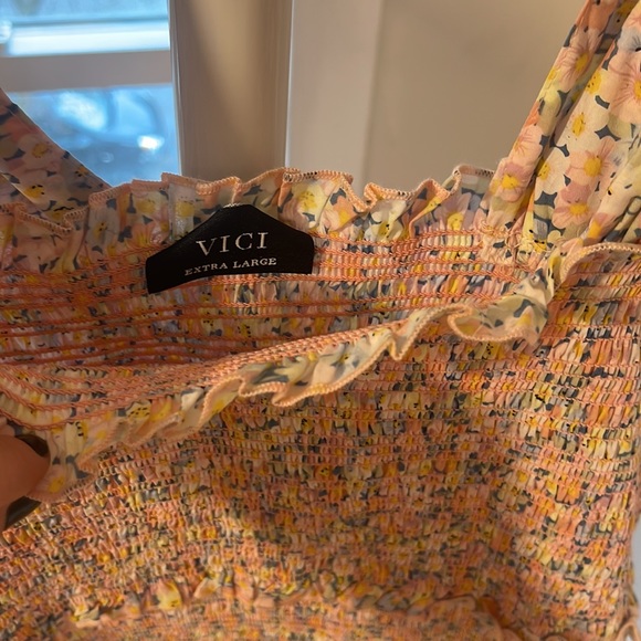 VICI- FRESHEN UP COTTON SMOCKED TIE STRAP DRESS - BLUSH MULTI, XL - Picture 5 of 6